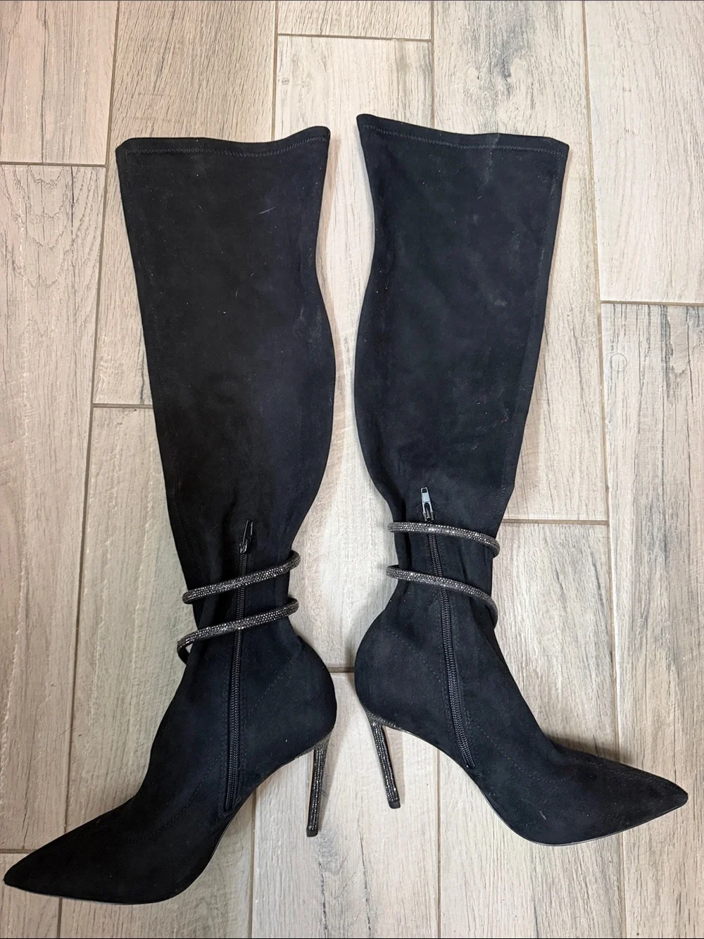 Black Knee-High Stiletto Boots with Rhinestone Wrap